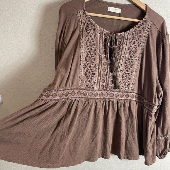 Lucky Brand Womens XL Embroidered Peasant Blouse Brown Long Sleeve Boho Shirt - Picture 10 of 12